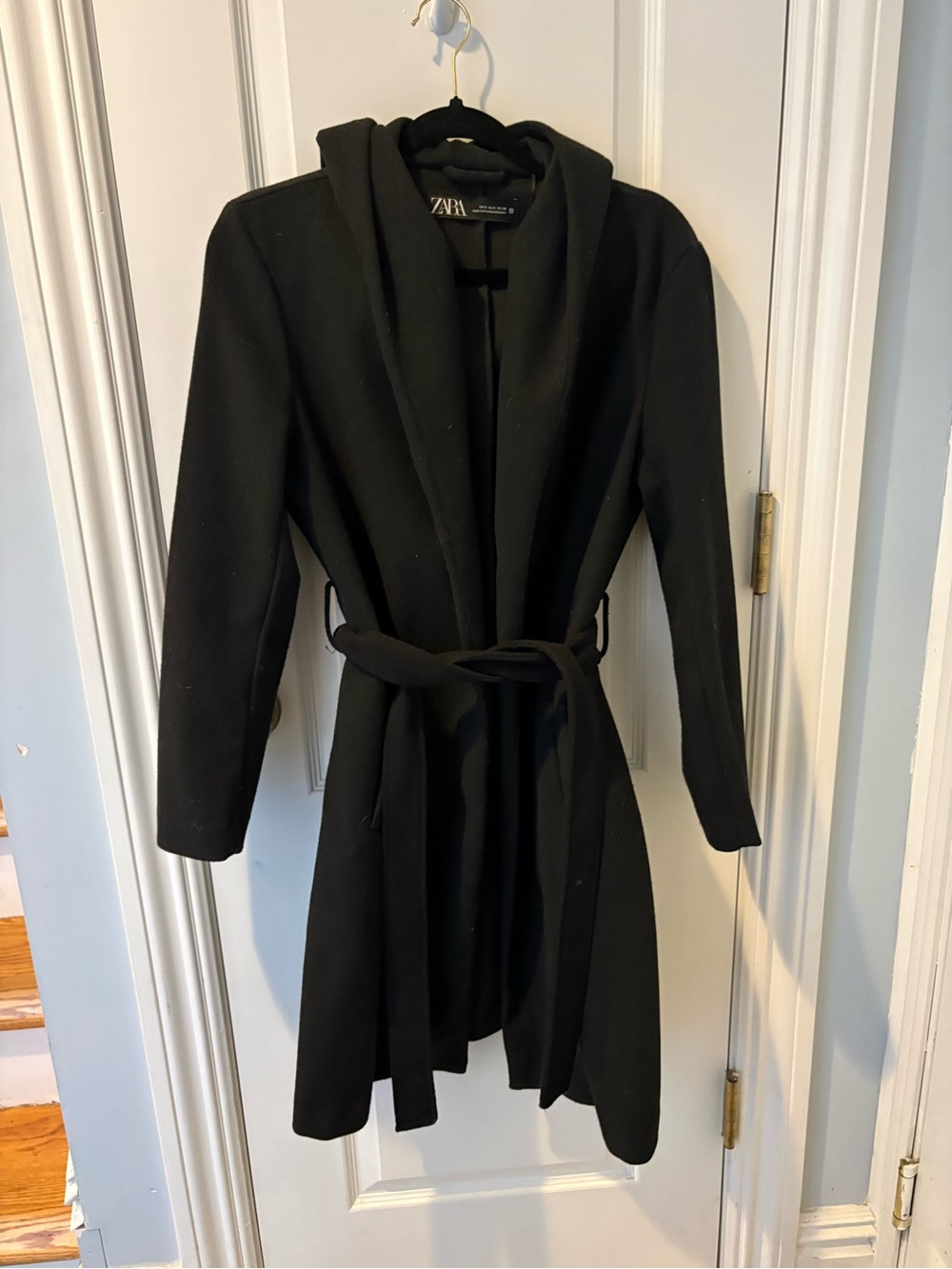 Zara Black Shawl-Collar Belted Trench Coat